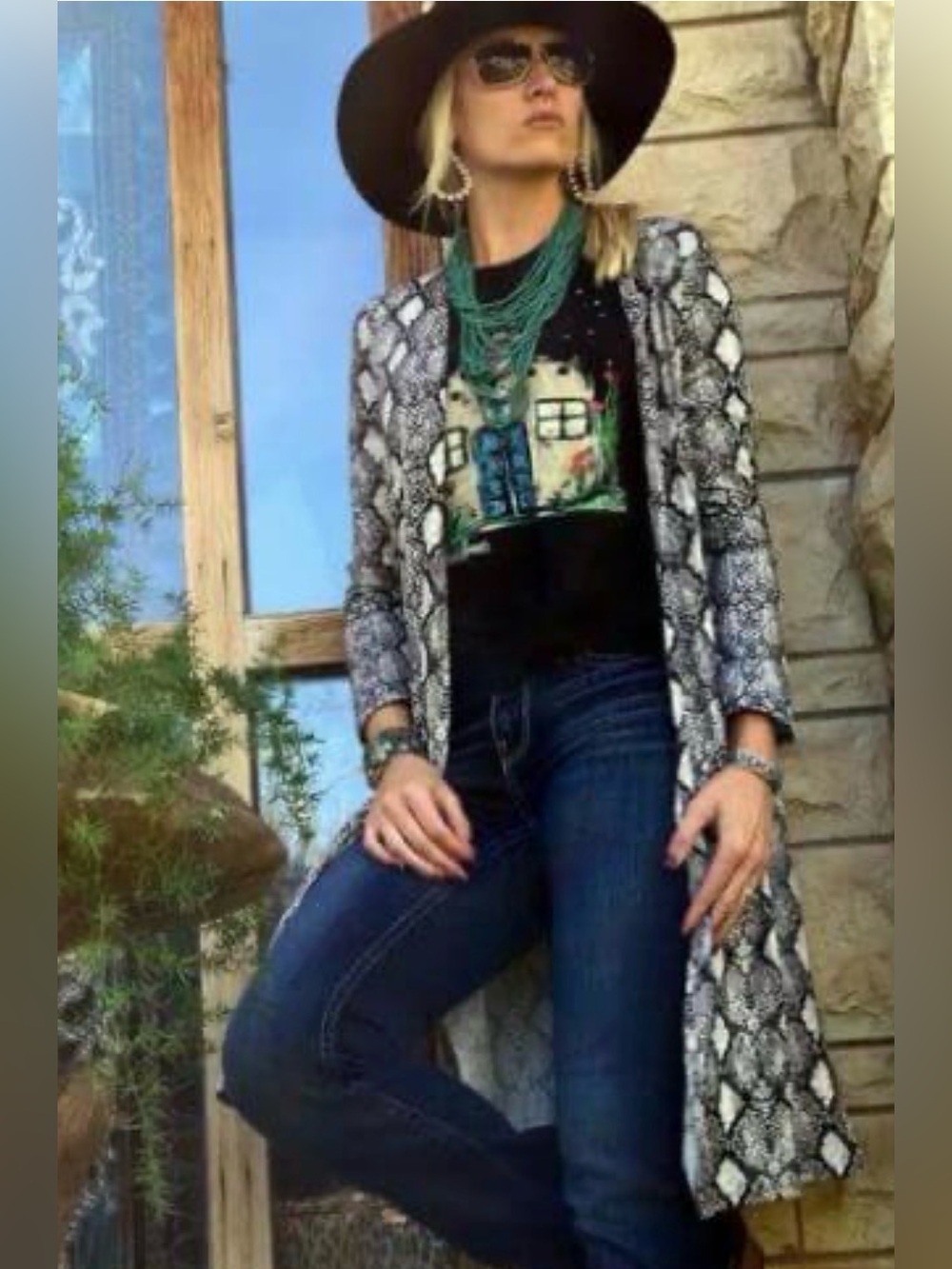 TEXAS TRUE THREADS Women's Western Snake Print Lightweight Cardigan Duster Lg